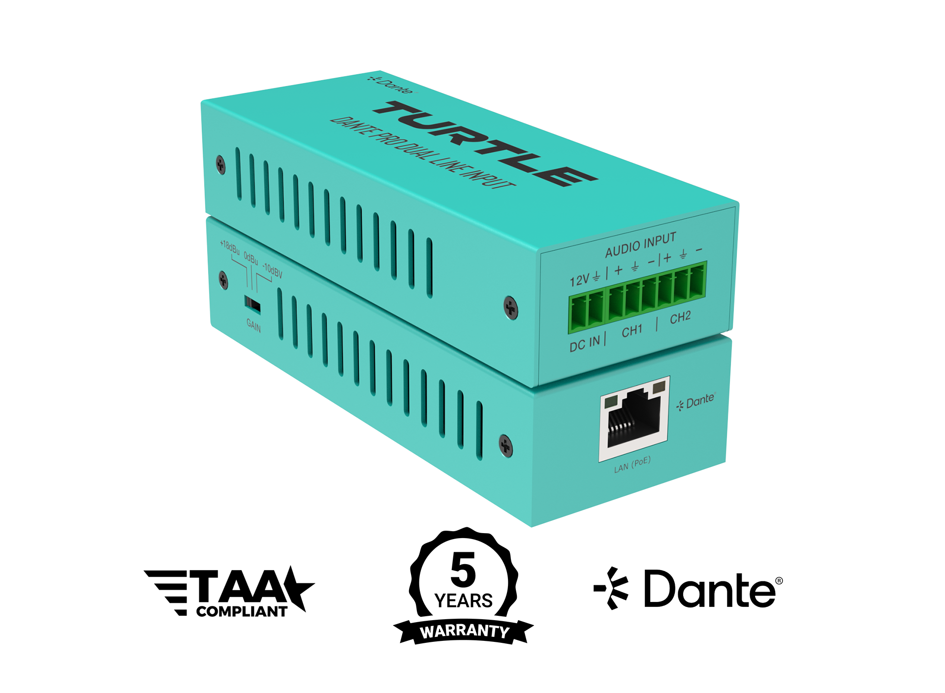 Turtle TAV-D2LEN-PRO Dante Pro Dual Channel Analog Line Input Adapter with Gain Controls