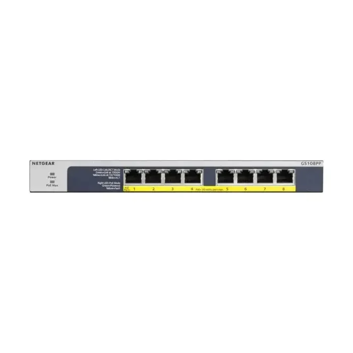 NETGEAR GS108PP – 8-Port Gigabit Ethernet Unmanaged Switch W/POE/POE+