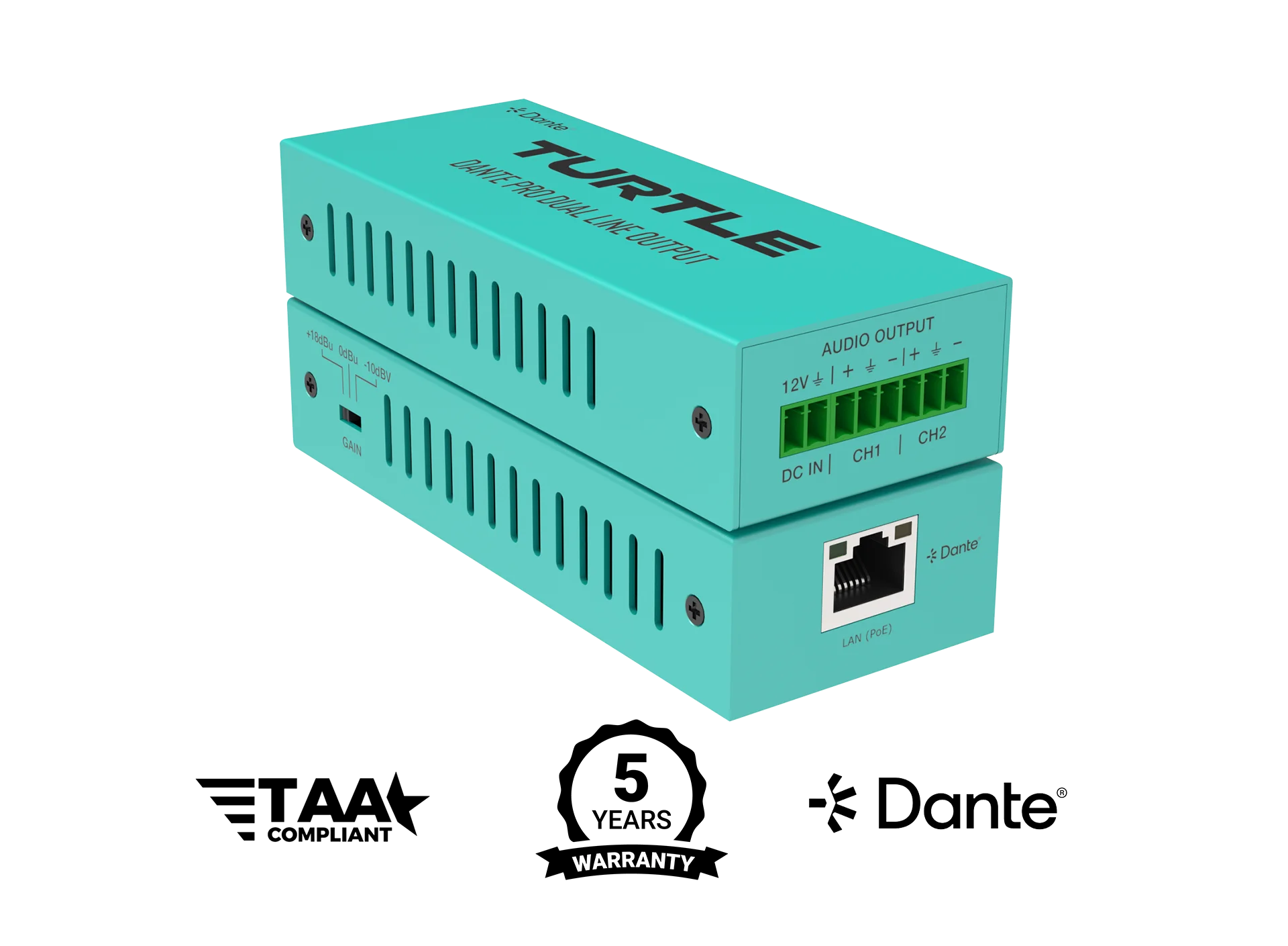 Turtle TAV-D2LDE-PRO Dante Pro Dual Channel Analog Line Output Adapter with Gain Controls