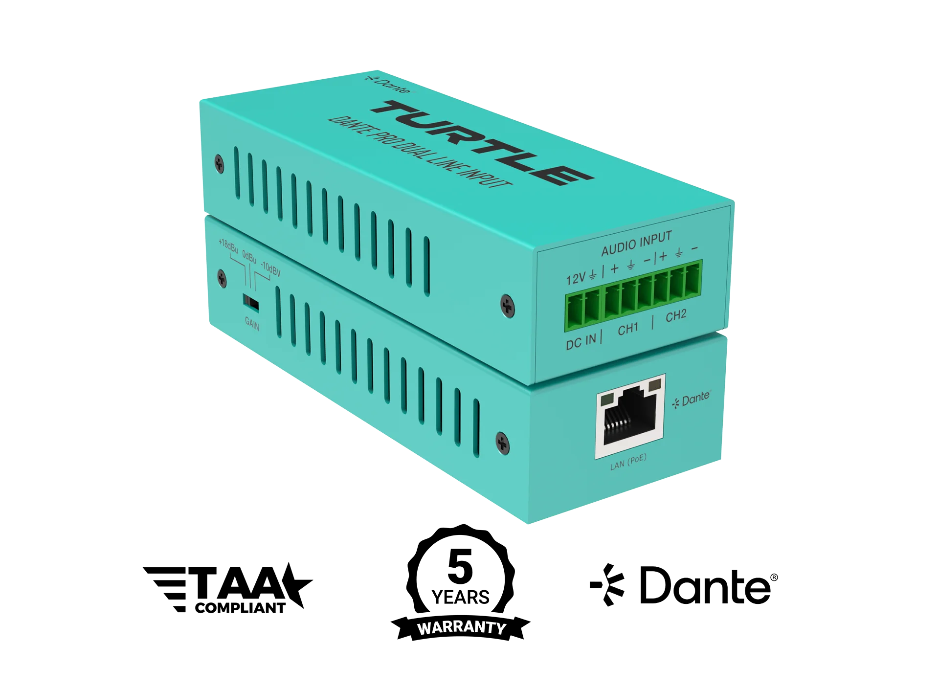Turtle TAV-D2LEN-PRO Dante Pro Dual Channel Analog Line Input Adapter with Gain Controls