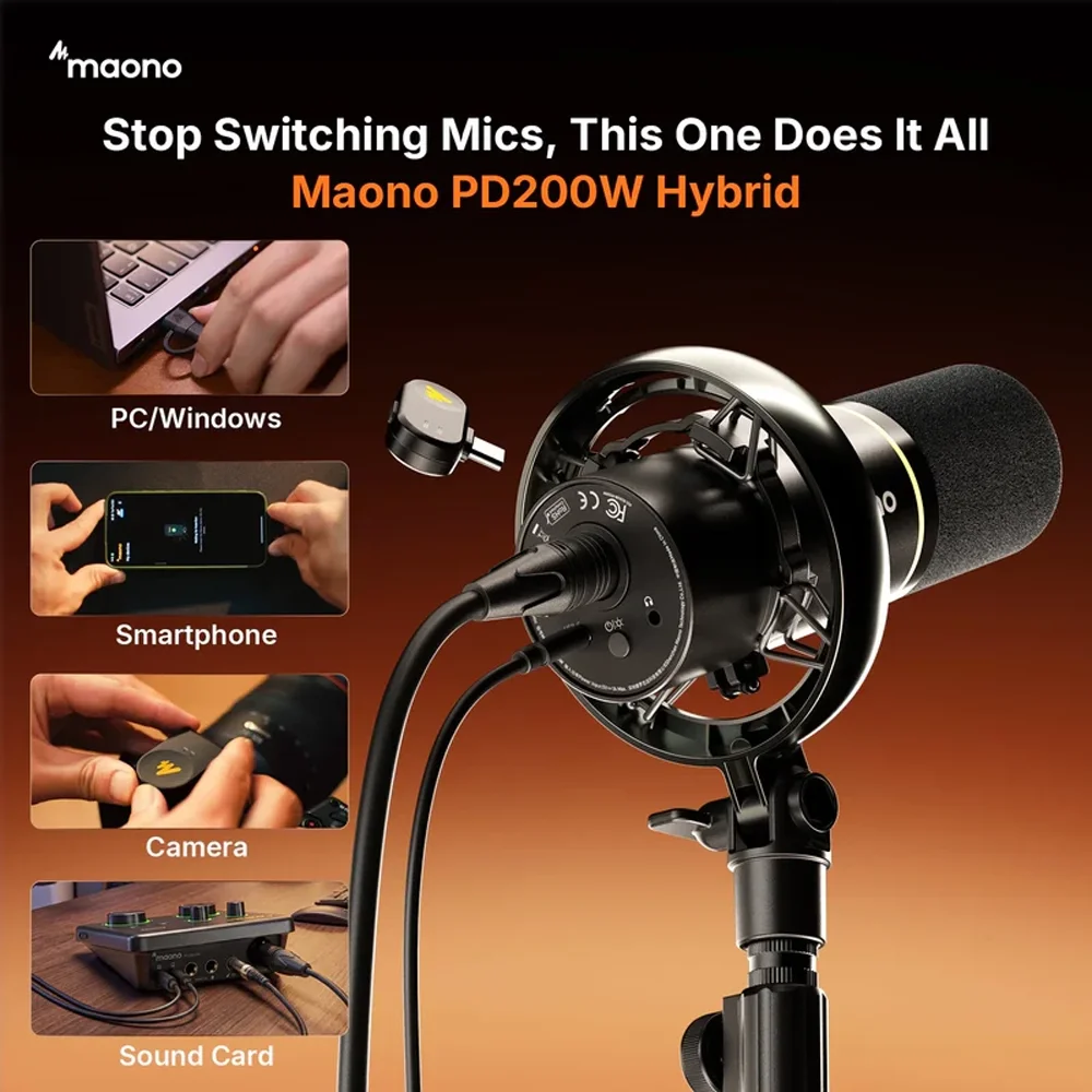MAONO PD200W Hibrit Podcast Mikrofonu (Masaüstü Stand Dahil)