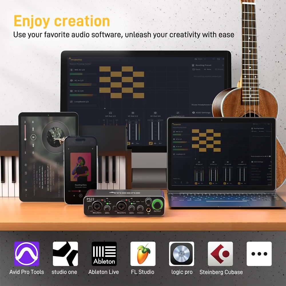 MAONO PS22 Kayıt, Müzik Prodüksiyonu ve Gitar için Ses Mikseri(Gri)