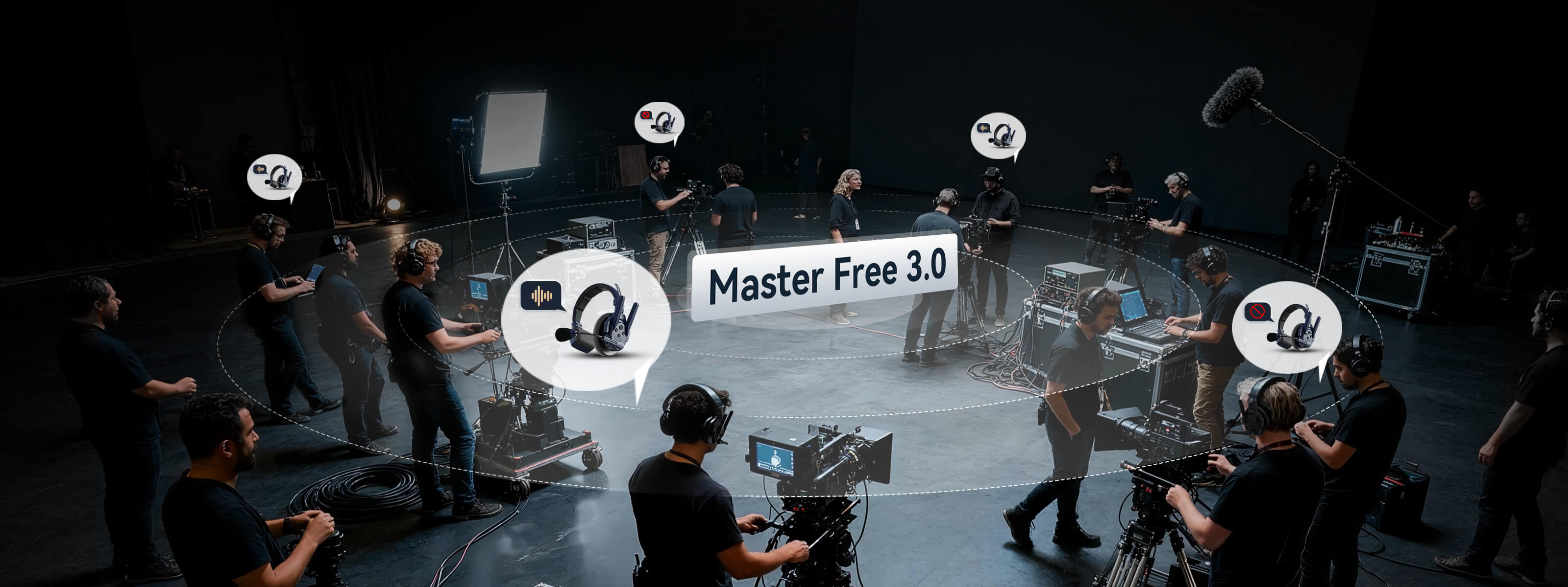 A video production team communicates with each other using SYNCO Xtalk Master wireless 2-way communication headsets featuring "Master Free 3.0" technology.